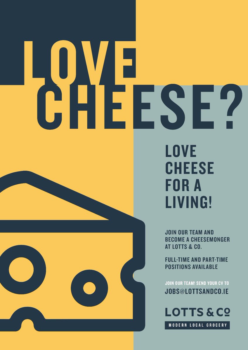 lottsandco's tweet image. We are hiring! 📣
Join our team and become a cheesemonger at Lotts&amp;amp;Co. 🧀 

Full-time and part-time positions available. 

Join our team! Send your CV to jobs@lottsandco.ie 

#dublinjobs #joinourteam