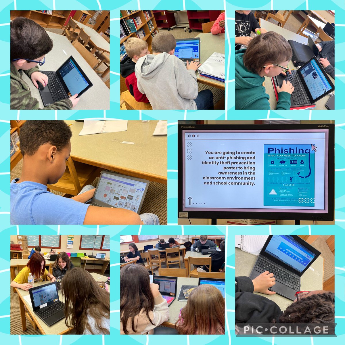 MediaCenter_HMS's tweet photo. Students are using @canva to create posters explaining the dangers of phishing  after using Ignition on @EVERFIK12 #digitalcitizenship #studentengagment https://t.co/rOC8czWUYO