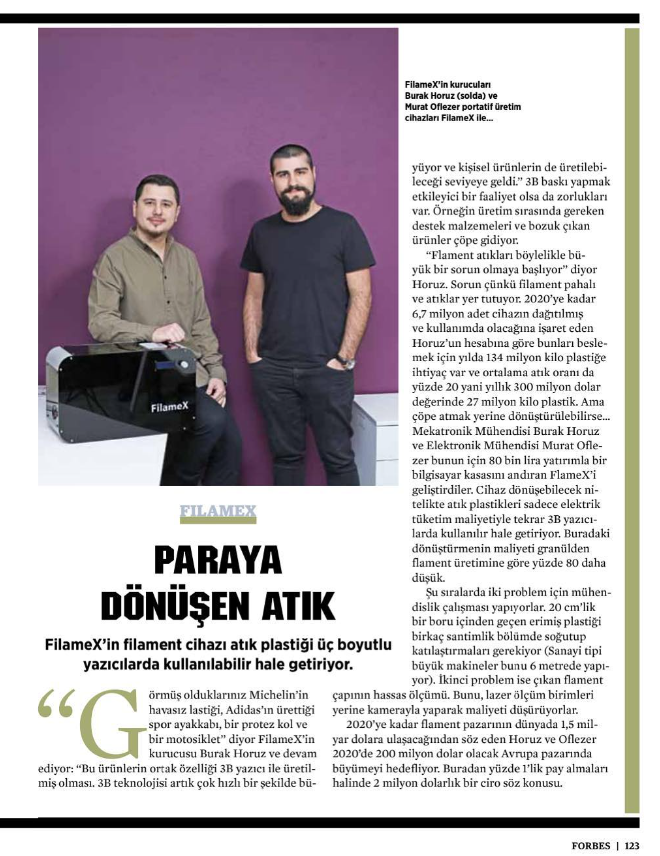 3dfilamex's tweet photo. Kurucularımız, 1917 yılından beri dünyanın en önde gelen iş dünyası ve ekonomi dergisi olan @forbes.turkiye ‘ye FilameX’in çıkış hikayesini anlattı! https://t.co/qorbPIsuqq