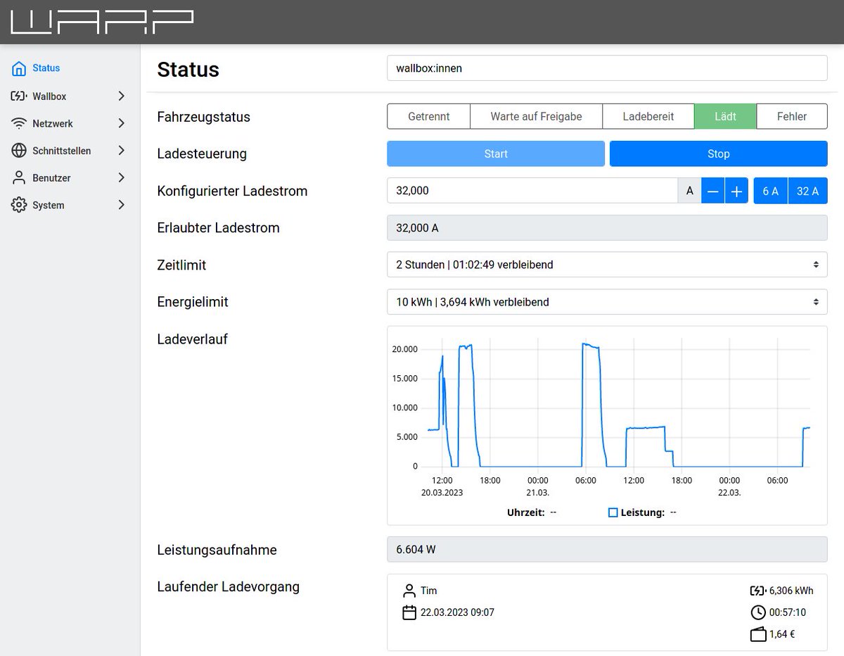TinkerForge's tweet photo. Neue Funktionen für WARP Charger: https://t.co/h1kZMnyxdF

Modbus/TCP, Wireguard, RTC, OCPP Core Profile/Smart Charging Profile, Excel und RFC4180 CSV-Ladelog, PDF-Ladelog, MQTT-Autodiscovery für Homeassistant/OpenHAB, Zeit-/Energielimits für Ladevorgänge, neue Menüstruktur uvm! https://t.co/A8IKbToge1