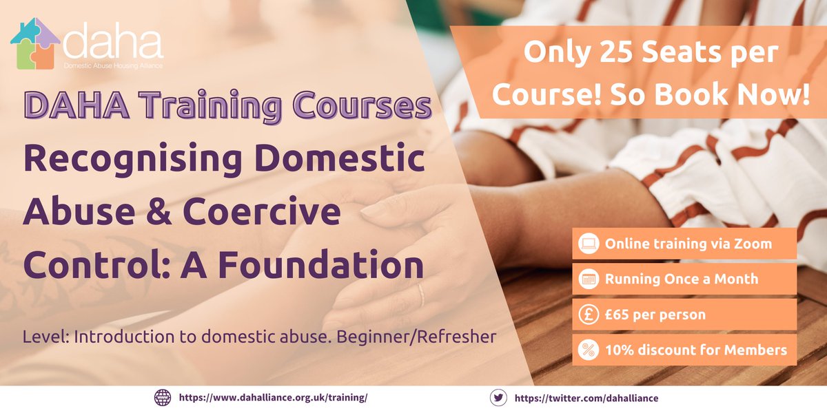 Are you a DAHA member? Get 10% off when you book today! 

New monthly online domestic abuse awareness training aimed at housing practitioners. 
3 CPD hours and certificate! Great for new starters/refresher

Next course: 19th April 2023 13:30 – 16:45 eventbrite.co.uk/e/557833504027
