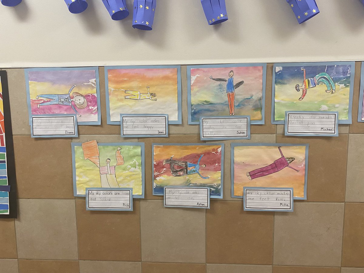 After reading <a href="/peterhreynolds/">Peter H. Reynolds</a> “Sky Color” students made their own pictures and reflected on what they created. What does your sky color look like? How does it make you feel? What does it remind you of? <a href="/AlisonLButler/">Alison Butler</a> <a href="/MrsKirell/">Mrs. Kirell</a> <a href="/NorthSideEW/">North Side School</a> #ewlearns