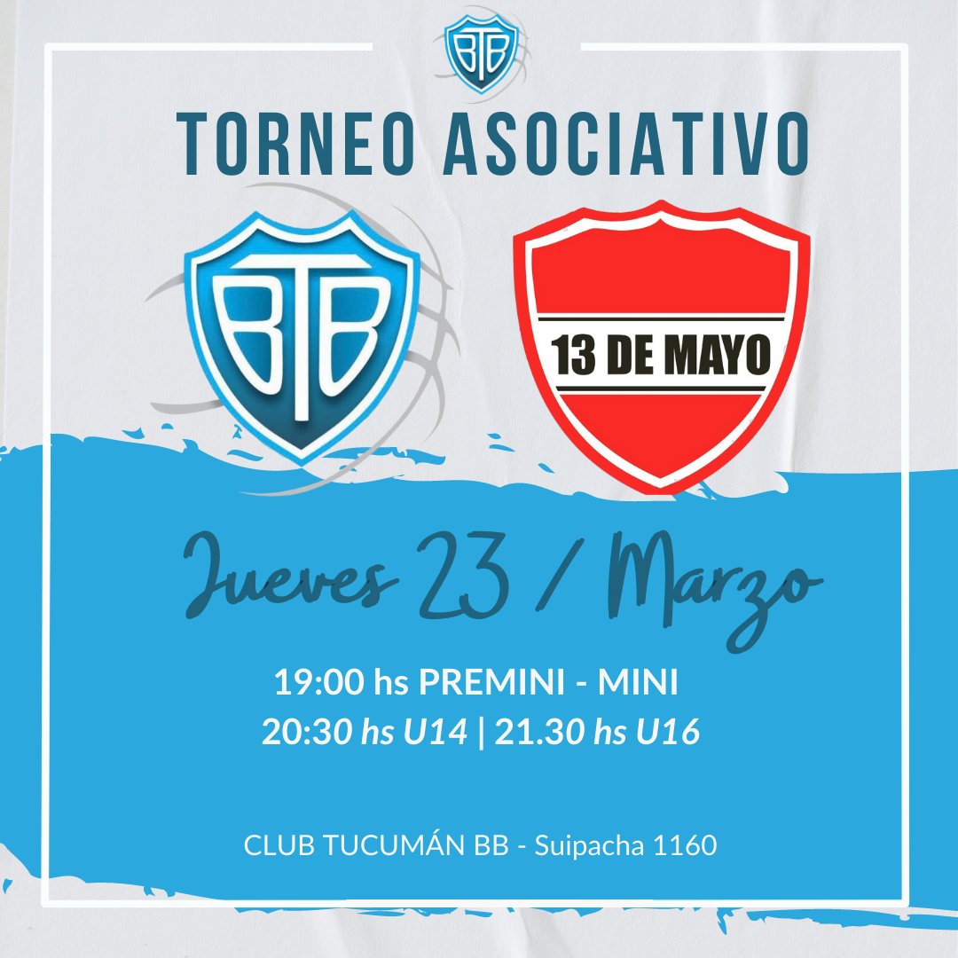 TORNEO ASOCIATIVO 

El beibi recibe hoy al Club 13 de Mayo por una nueva fecha del Torneo.

📆 23 de Marzo
⏰️ 19.00 hs premini - minu
⏰️ 20.30 hs U14
⏰️ 21.30 hs U16
🏟 Tompy Diaz

#vamoslosbb