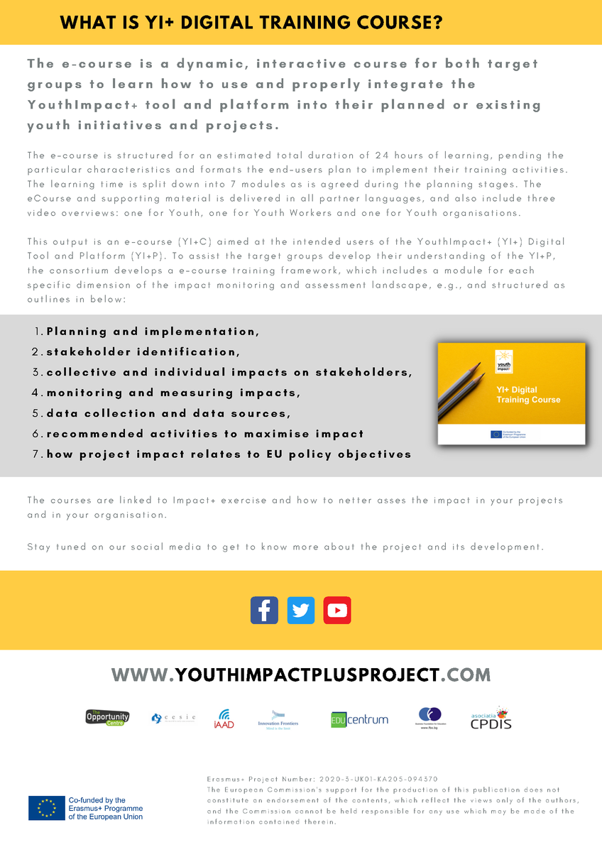 YouthImpactPlus's tweet photo. 💡Are you using our Free TOOL to analyse the impact of your project?
📎 Start NOW:  https://t.co/cXUM1GQq1Z

🔜  E-Courses available soon:  
1️⃣ Planning 2️⃣ Stakeholder 3️⃣ Impact 4️⃣ Monitoring 5️⃣ Data 6️⃣ Activities 7️⃣ EU policy 

#Erasmus+ #ecourcse #toolforimpact #youthprojects https://t.co/VGnvFZzwGA