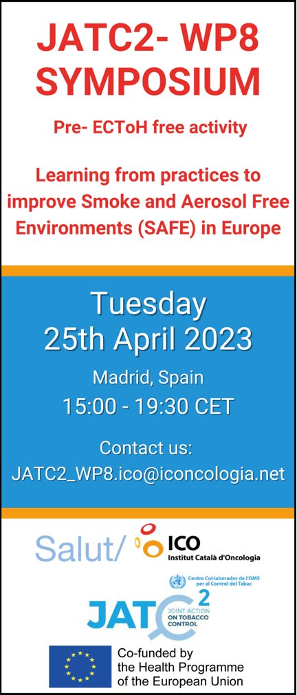 jatc2_'s tweet photo. ❗️ SAVE THE DATE ❗️

Practices to improve #Smoke and #Aerosol Free Environments (SAFE) in #Europe.
@jatc2_ - @ICO_oncologia (WP8 Coordinator)
@StvFdz - @ECToH 
📍Teniente Coronel Noreña 30, Madrid, Spain
📅 Tuesday 25th April 2023

Registration: https://t.co/bhlDDfd4Vq https://t.co/maTlE656Of