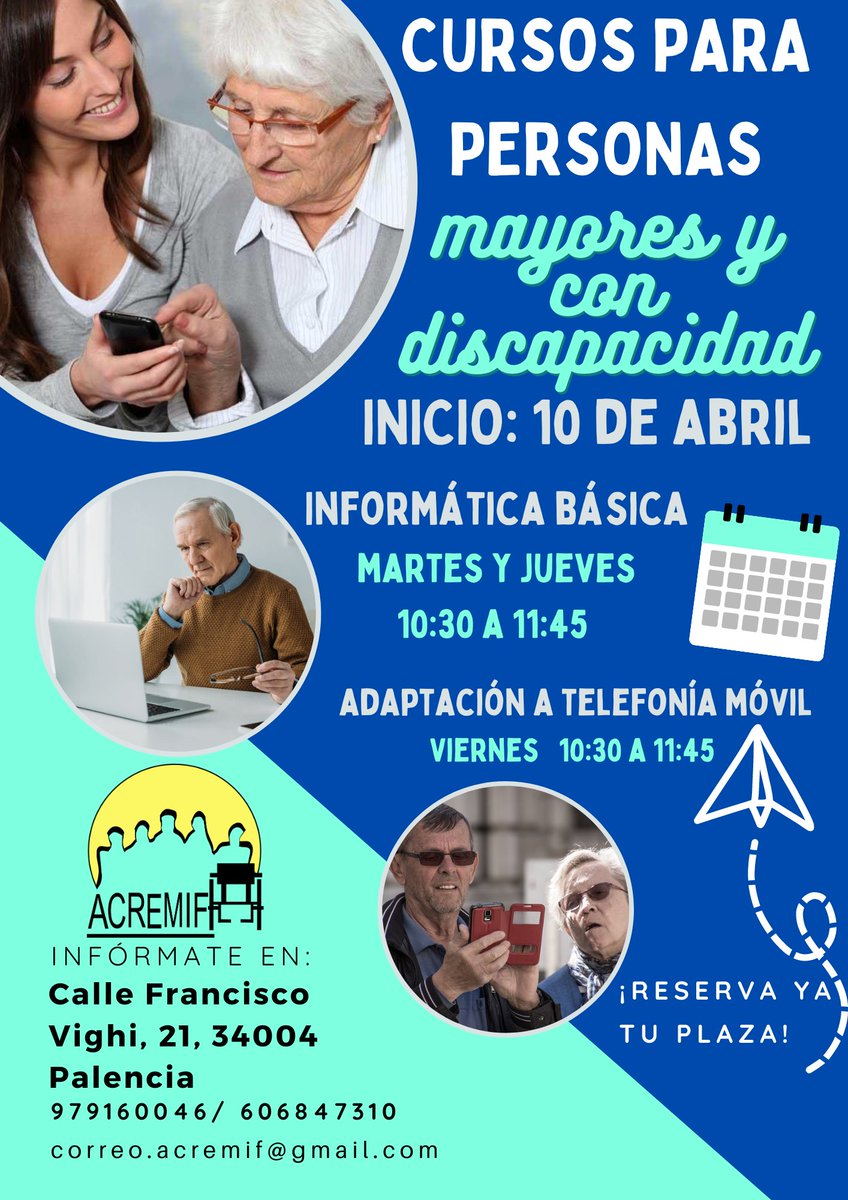 acremif's tweet photo. ¡Venga que ya queda poco para el fin de semana! Hoy nos complace anunciar nuestros nuevos cursos para personas mayores y personas con discapacidad. Abierta la inscripción desde hoy mismo. ¡El 10 de abril nos pondremos manos a la obra! #cursos #Palencia https://t.co/cWS6NxyAXd
