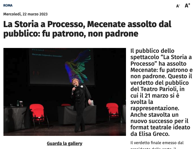 elisgreco's tweet photo. Anche questa #provocazione di #Elisa Greco ha colto nel segno! Per #LaStoriaaProcesso sul palcoscenico del Teatro Parioli #Mecenate è stato assolto dalla giuria popolare: Patrono delle Arti, ma non padrone. 
https://t.co/WpTe3lFchM https://t.co/cloPT0GADQ