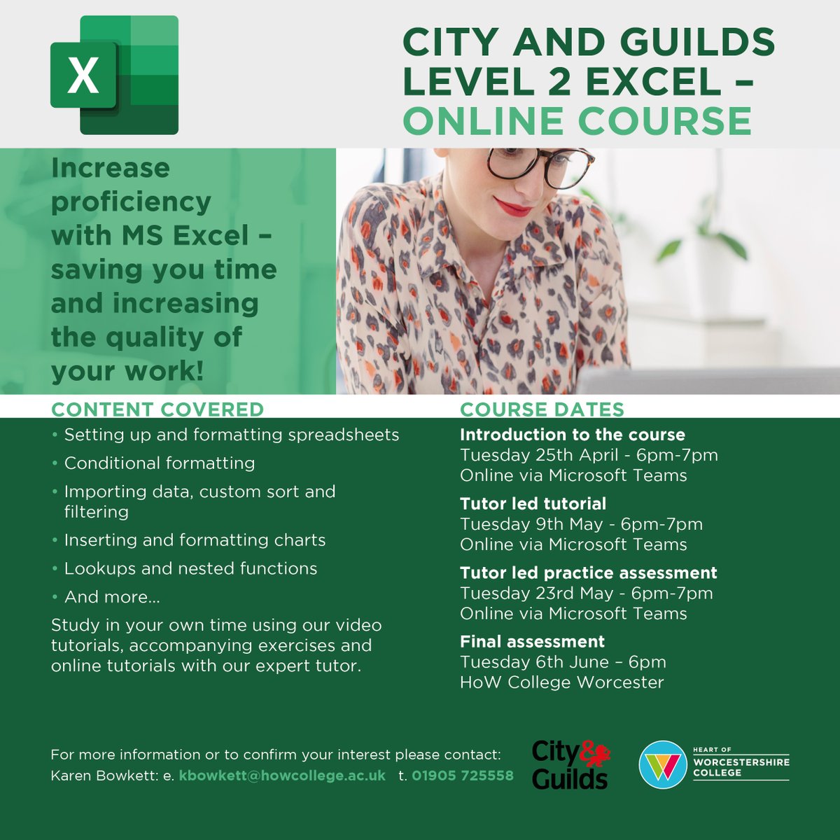 HOW_College's tweet photo. We are offering a City and Guilds Level 2 Excel online course starting on Tuesday, 25th April!

This is a free course for anyone earning under £18,525 per year or £200 for those earning above, and is a great way to increase proficiency with MS Excel. 🙌 https://t.co/9E4CIqLiqK