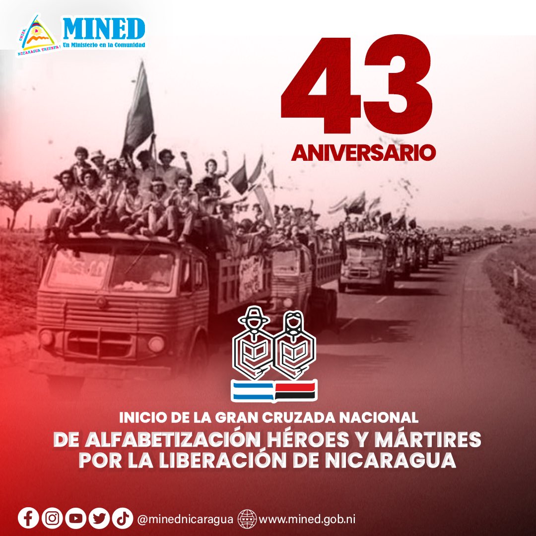 23 de marzo 1980 | 43 Aniversario del Inicio de la Gran Cruzada Nacional de Alfabetización “Héroes y Mártires por la Liberación de #Nicaragua”
 
¡✊🏻Puño en alto, libro 📖 abierto!

#FSLNPuñoEnAlto43