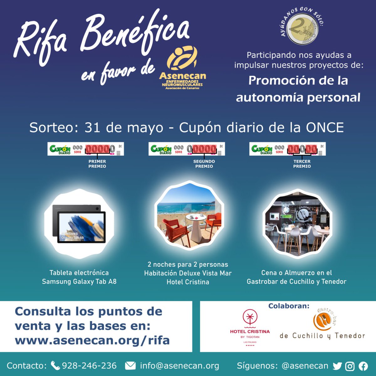 Rifa Benéfica en favor de Asenecan.

Participando nos ayudas a impulsar nuestros proyectos enmarcados en la Promoción de la autonomía personal.

El sorteo se realizará el día 31 de mayo, contando con el número del Cupón de la ONCE.

Por 2 euros podrás participar con 2 números.