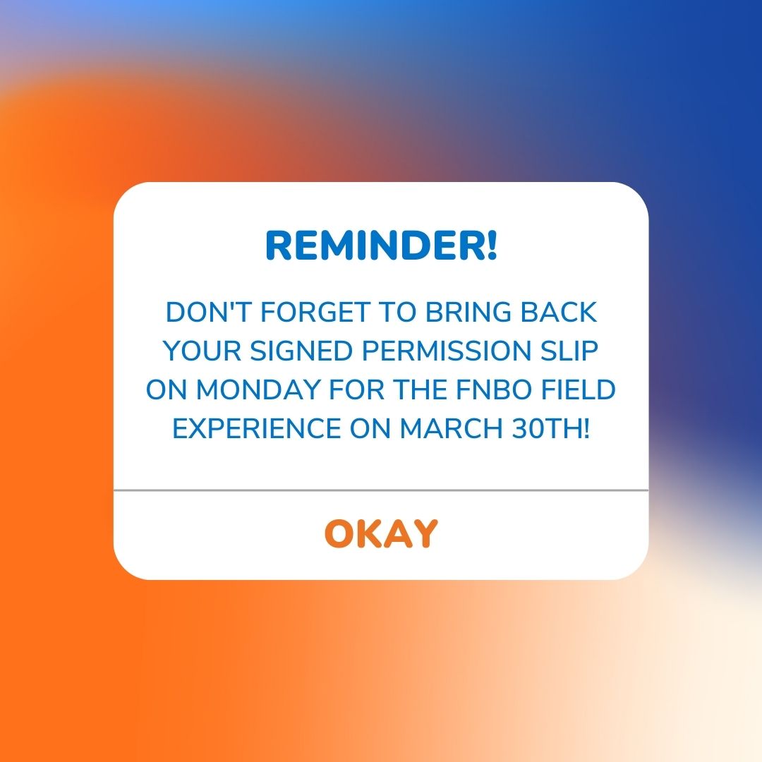 OPS_WHSBusiness's tweet photo. Business Pathway students! Please don't forget to have your permission slip signed for our FNBO field experience on Thursday, March 30th! 😎 @OPS_Westview https://t.co/vu2gVvZAUr