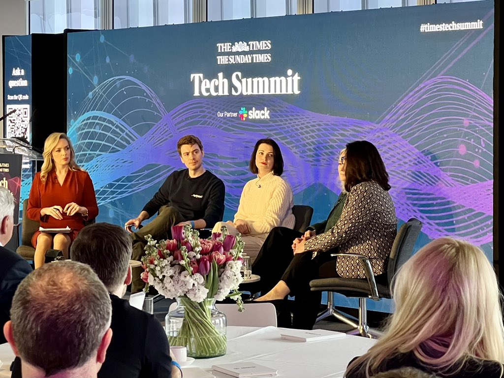 colinwatkins's tweet photo. .@JoinMultiverse‘s Euan Blair tells @hannahprevett young people want inspiration and development, and to be given a chance. @BAESystemsplc Debbie Kempton @JustEatUK’s Jessica Hall @VMO2News Jeanie York also bullish on the future for 🇬🇧 tech talent. #datascientist #timestechsummit https://t.co/YE02IMKKlP