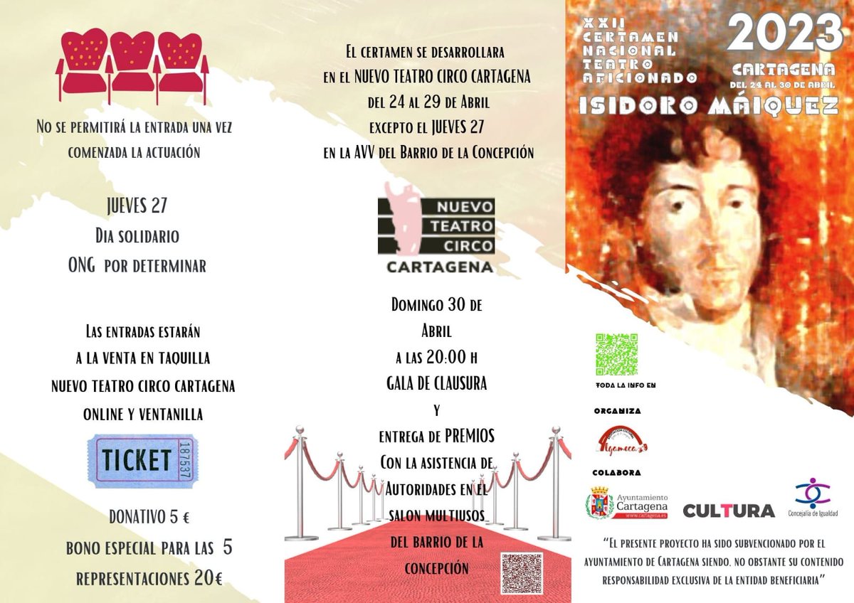 GranaAbraham's tweet photo. Grupo de teatro Algameca de #Cartagena organiza el XXII Certamen Nacional de Teatro Aficionado.
Del 24 al 29 de #Abril, y como novedad y reconocimiento a su trayectoria, por primera vez en el #NuevoTeatroCirco.
Una oportunidad única de disfrutar del #Teatro. 
¡NO TE LO PIERDAS! https://t.co/TUXqdv6jxl