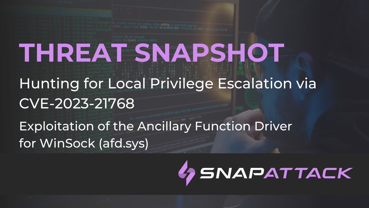 snapattackHQ's tweet photo. Forget #patchtuesday, #exploitwednesday, it's Threat SnapShot Thursday. We cover @chompie1337 and @fuzzysec's research on CVE-2023-21768, how it works, and how to #threathunt for it - confirmed by @flame36987044 as being exploited in the wild.
https://t.co/82CyuMNXoy https://t.co/VlE1wsKG5S