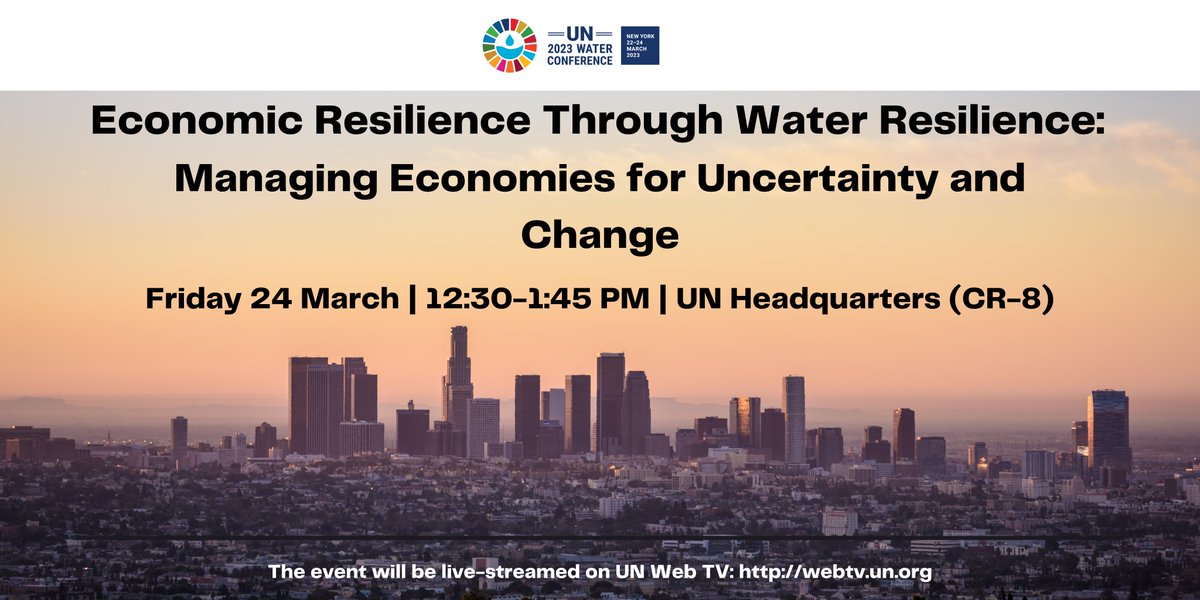 LIVESTREAMING tomorrow (12:30-13:45 EDT) - "Economic Resilience Through Water Resilience: Managing Economies for Uncertainty and Change" as part of #UN2023WaterConference. Program and details at bit.ly/wr4er-unwc  #WaterAction 
<a href="/wr4er/">WR4ER</a>