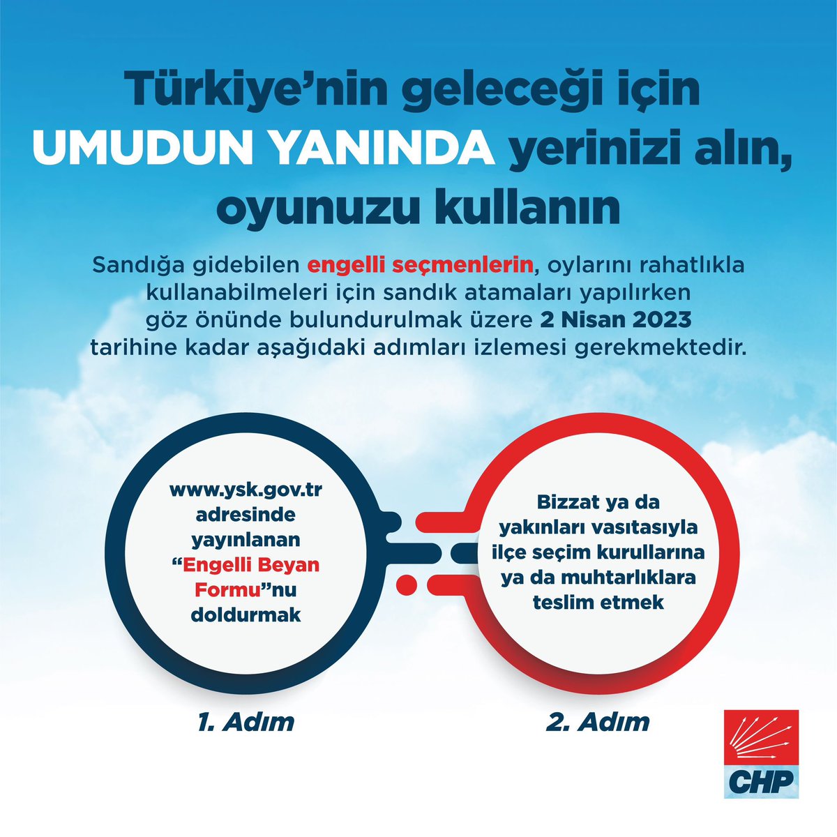 Engelli vatandaşlarımızın, oylarını rahatlıkla kullanabilmeleri için sandık atamaları yapılırken göz önünde bulundurulmak üzere 2 Nisan 2023 tarihine kadar aşağıdaki adımları izlemesi gerekmektedir.