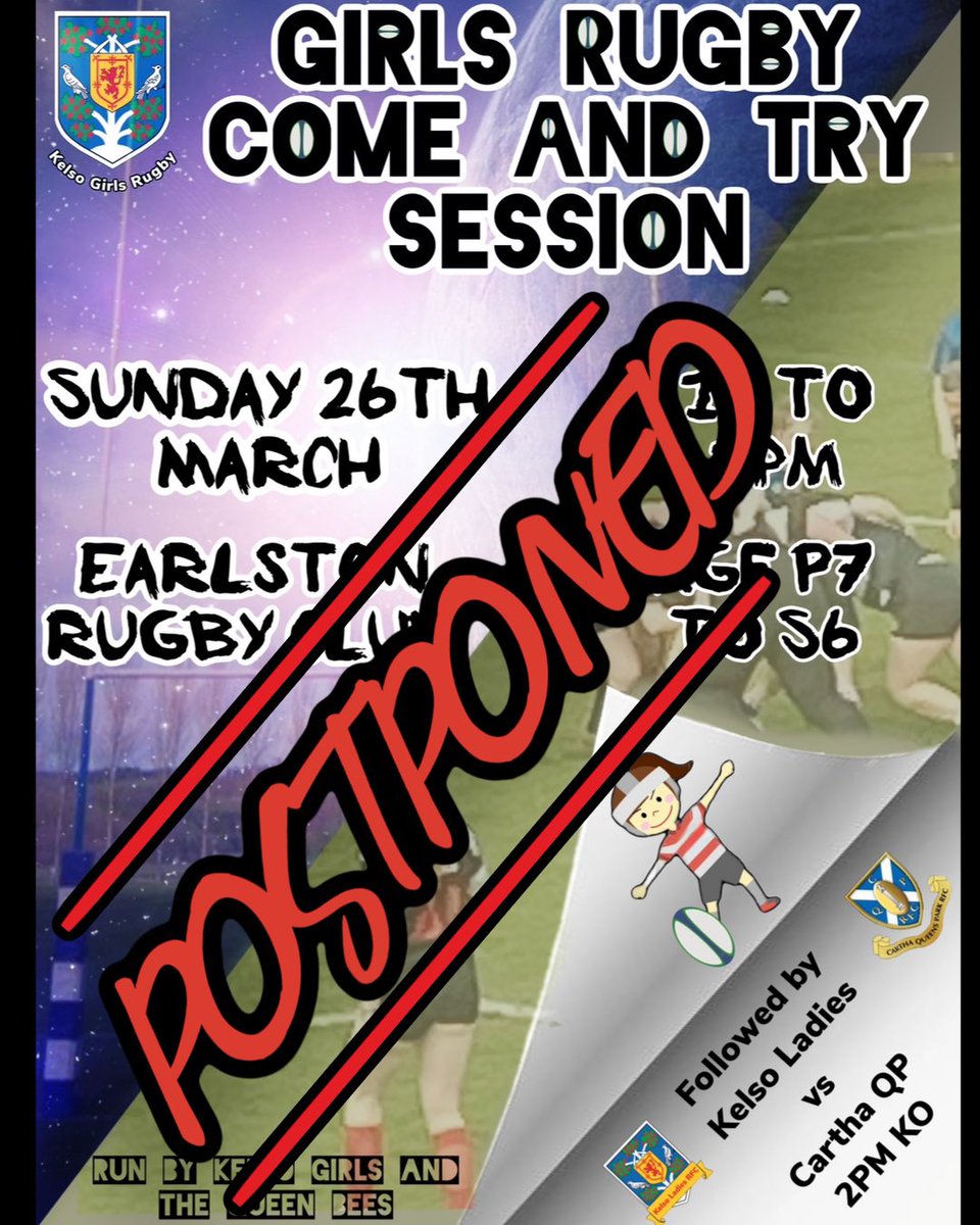 ‼️  COME &amp; TRY POSTPONED  ‼️

Unfortunately the Girls Come &amp; Try Event for this Sunday is now postponed, keep you eyes peeled for the new date. 

Kelso Ladies Fixture against Cartha still goes ahead as planned. 

<a href="/KelsoRugby/">Kelso RFC</a> <a href="/EarlstonRFC/">Earlston RFC</a> <a href="/kelsohighschool/">Kelso High School</a> @EarlstonHighSch