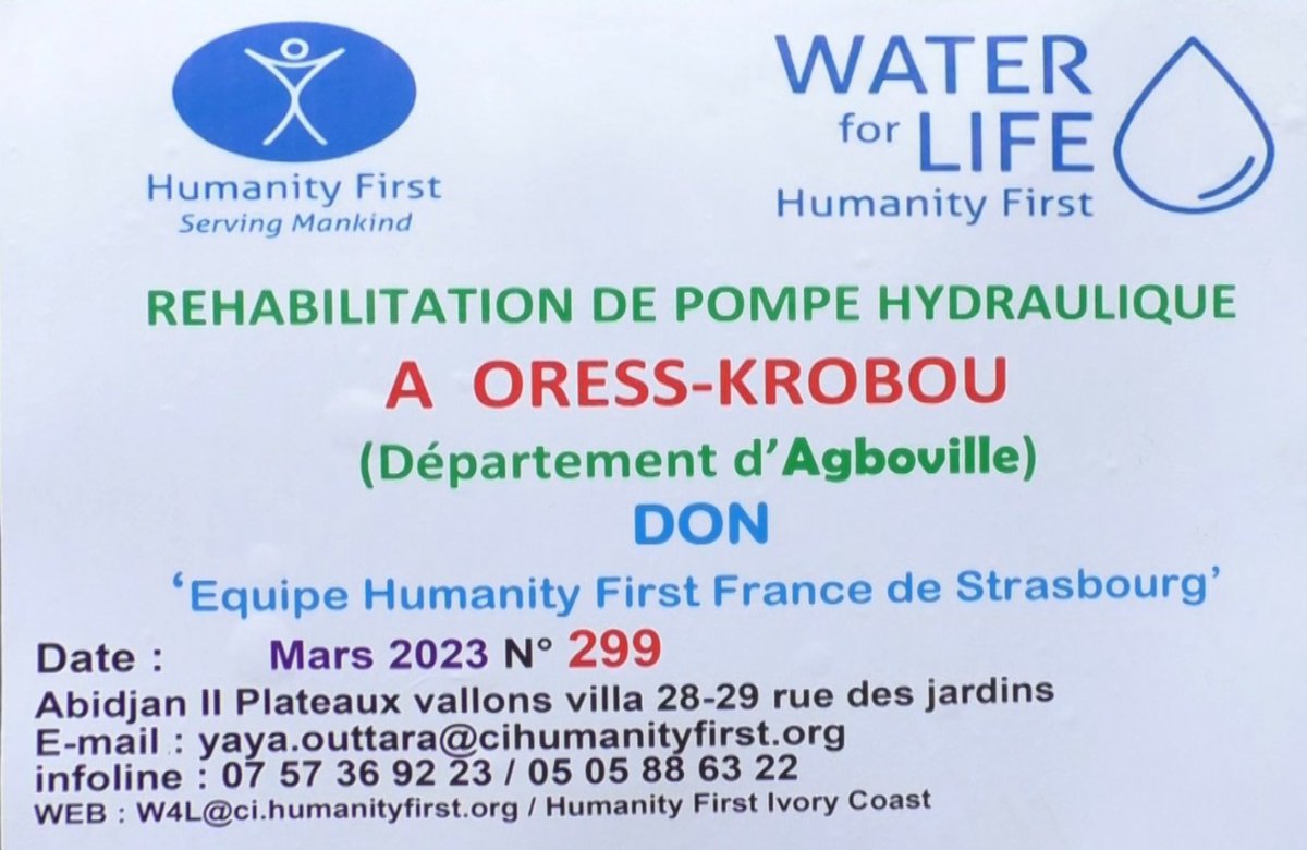 HF_cotedivoire's tweet photo. le Mercredi 22 Mars 2023,  l'ONG #humanityfirst #CôtedIvoire (#Water_for_Life) a réhabilité deux pompes hydrauliques dans le village de #ORESS_KROBOU département d’#Agboville. Cette réhabilitation de pompes est un don de l’équipe HF France de Strasbourg.
@HFI1995 @HF_France https://t.co/6s3ugfaTy5