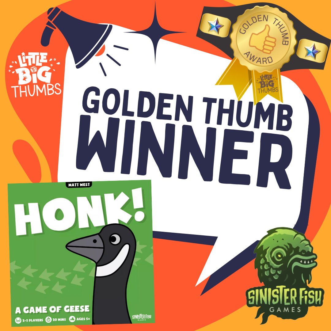 🏆 We're pleased to announce the latest Golden Thumb Award Winner ... HONK! from @TheSinisterFish! Check out our latest video to learn more about this great #familygame AND enter our Golden Thumb #Giveaway! youtu.be/4t4TpBSE-Io