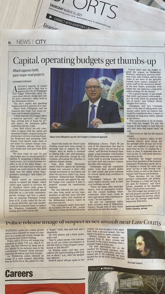 • Page one of the local newspaper. 

Community Centres Need More Funding From City. 

Page two of the local newspaper. 

City to Spend $3 Million on a Study to Widen Roads.