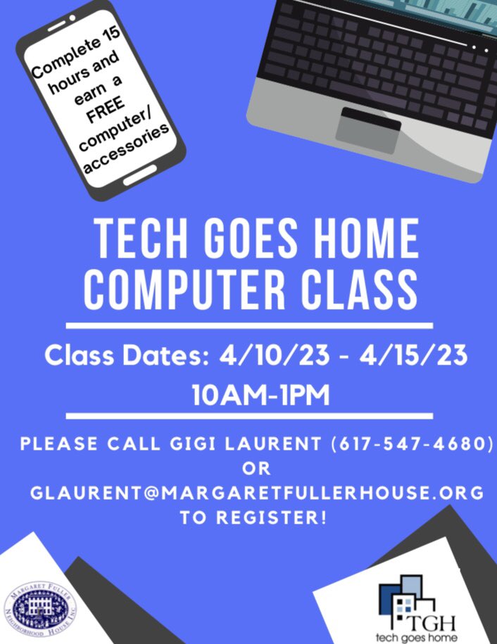 We are now recruiting for our April Tech Goes Home course! Call or email Gigi Laurent to enroll. 💻