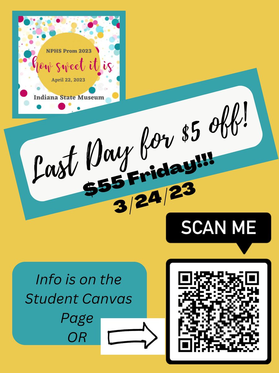 Get discounted prom tickets! Last day tomorrow!!! <a href="/LaraCzap/">Lara Czap</a> <a href="/VoelzJames/">New Palestine High School</a> <a href="/MooreNPJH/">NPHS Asst. Principal & Girls Varsity 🏀 Coach</a> @MitchanerNPHS <a href="/BurkNPHS/">Mitch Burk</a>