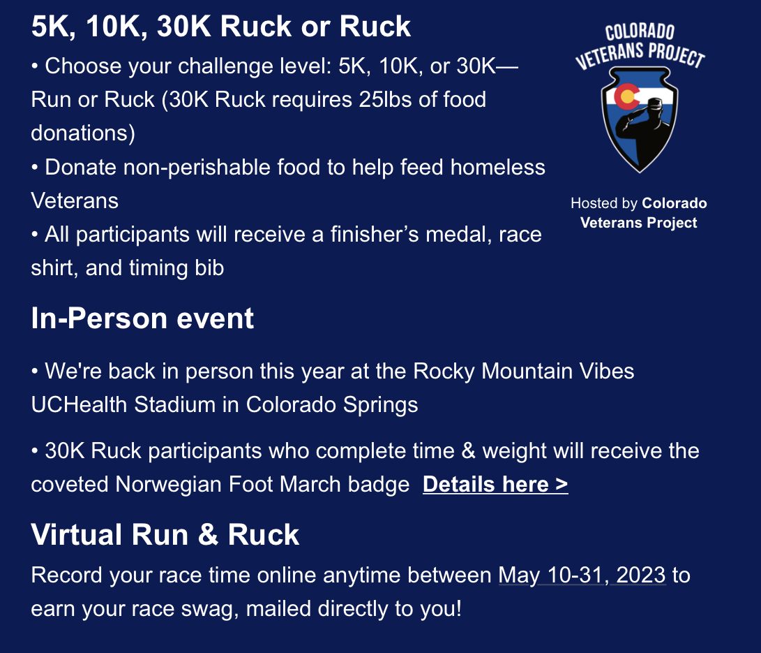 10thmtnwhiskey's tweet image. Join us on May 20th in Colorado Springs for the Memorial Day Run and March. Registration is open. @coloradoveteransproject #supportvets #coloradoveteransproject