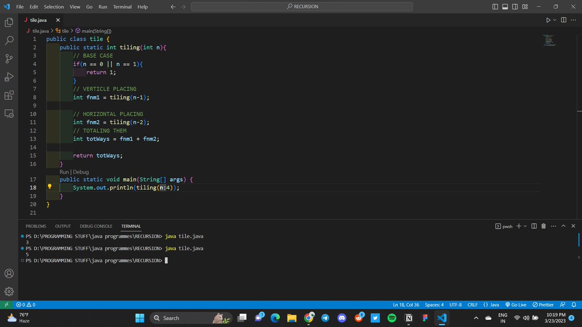 Subroto0108's tweet image. Day 1 of #100DaysOfCode :
1) Learnt about some recursion techniques.
2) Solved a few basic problems.
3) Solved the Tiling Problem 
#RecursionCS #Java #100DaysOfCode 

 You can share your learnings as well  in the comments 🤗