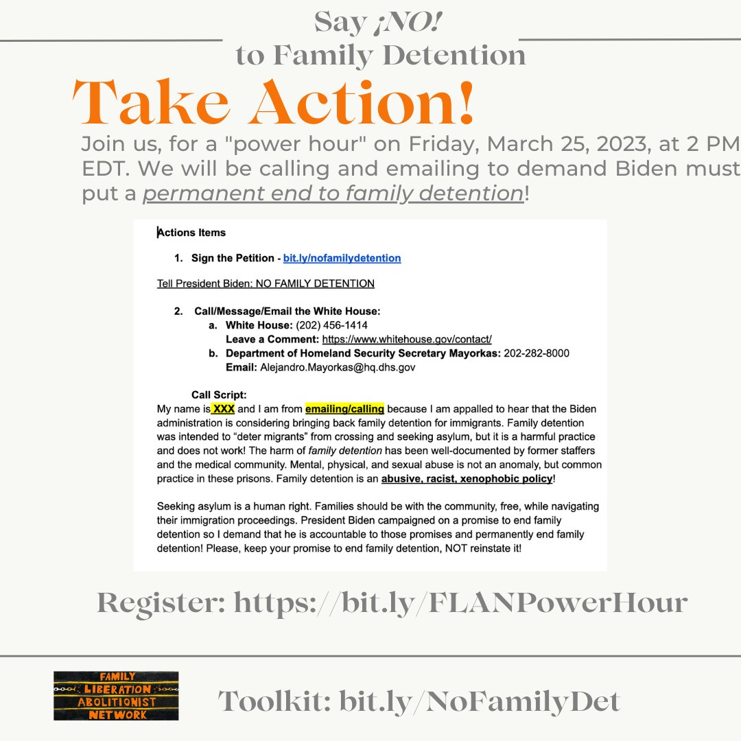 We demand that Biden must put a permanent end to family detention! 
Join us and other members of the Family Liberation Abolitionist Network (FLAN) in a power hour on Friday, 3/24, at 2 pm ET.
Power Hour: bit.ly/FLANPowerHour
Toolkit: bit.ly/NoFamilyDet
#EndDetention