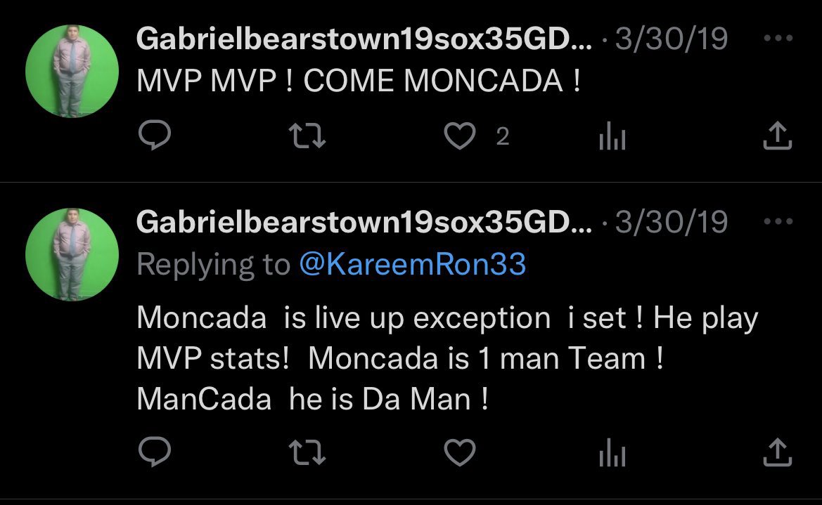 Mattheius2783's tweet photo. Gabe is closing the gap so I’m releasing more proof that he’s been a Moncada guy for as long as I can remember.  

He hides it.  I don’t. 

#VoteCrawford #108Tourney #YoKnows https://t.co/aOccd6EQms