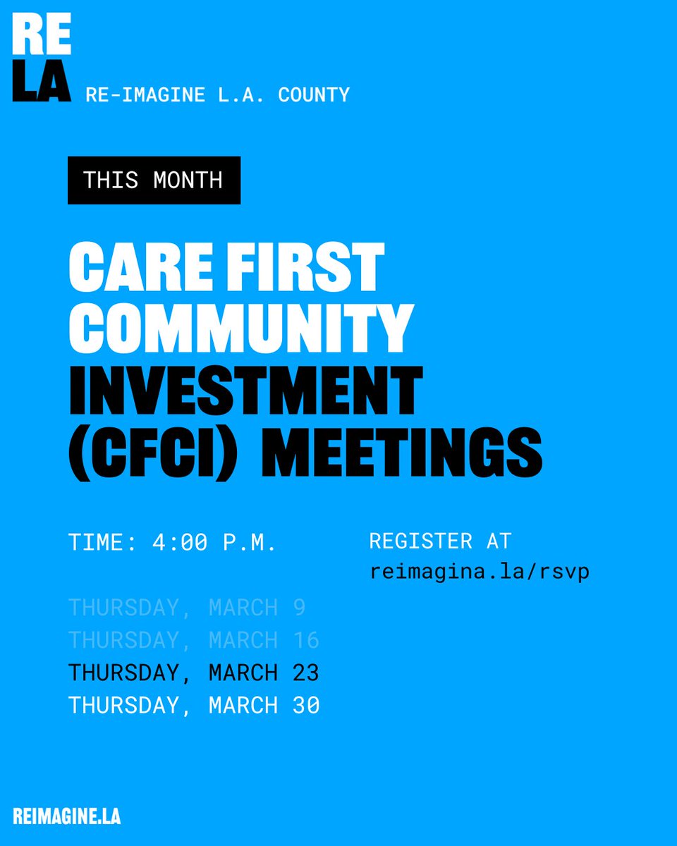 Today at 4 pm: The Care First and Community Investment Advisory Committee meeting. Hear the County's updates on how they plan to provide greater community resources.

➡️Link to join: reimagine.la/rsvp
➡️Talking Points: reimagine.la/talking-points

#CareFirstJailsLast