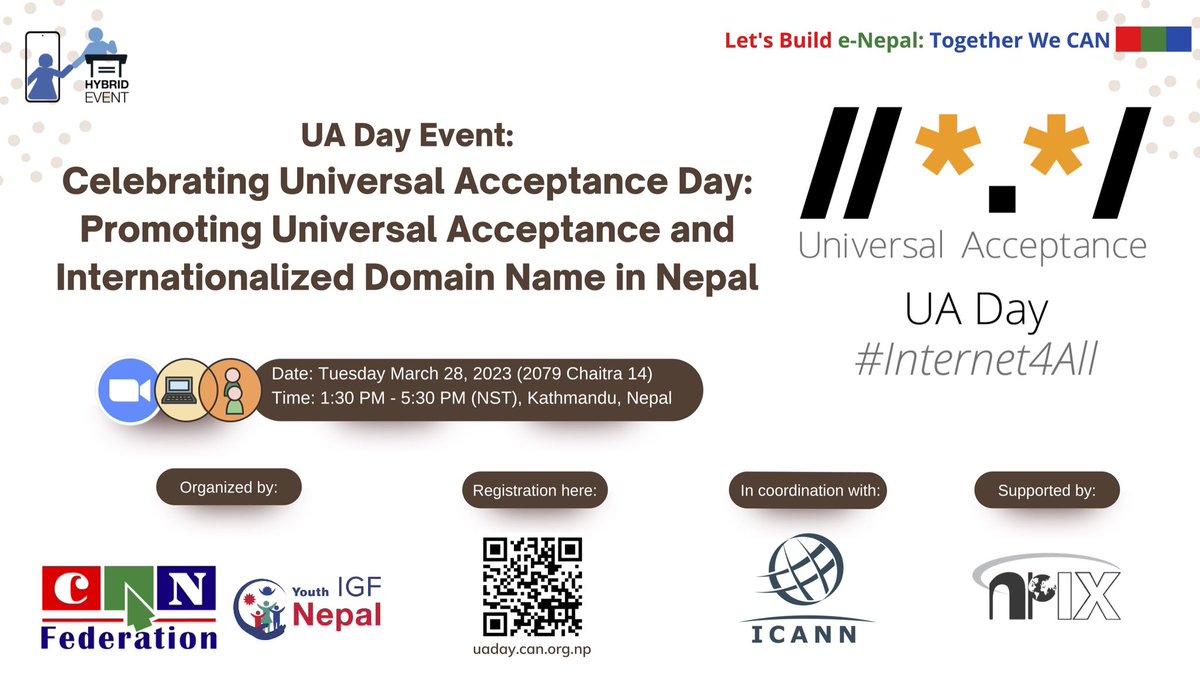 CAN Federation (@canfederationnp) on Twitter photo Are you ready to celebrate Universal Acceptance Day in Nepal?
Registration Link: uaday.can.org.np
Let's celebrate Universal Acceptance Day together and promote inclusivity! #CANFederation #npIX <a href="/ICANN/">ICANN</a> <a href="/UASGTech/">UASGTech</a> #UAday @udeep9 <a href="/yigfnepal/">Youth Internet Governance Forum Nepal</a> <a href="/youthIGFNepal/">youth IGF Nepal</a> <a href="/mebevak/">Bibek Silwal</a> Are you ready to celebrate Universal Acceptance Day in Nepal?
Registration Link: uaday.can.org.np
Let's celebrate Universal Acceptance Day together and promote inclusivity! #CANFederation #npIX <a href="/ICANN/">ICANN</a> <a href="/UASGTech/">UASGTech</a> #UAday @udeep9 <a href="/yigfnepal/">Youth Internet Governance Forum Nepal</a> <a href="/youthIGFNepal/">youth IGF Nepal</a> <a href="/mebevak/">Bibek Silwal</a>