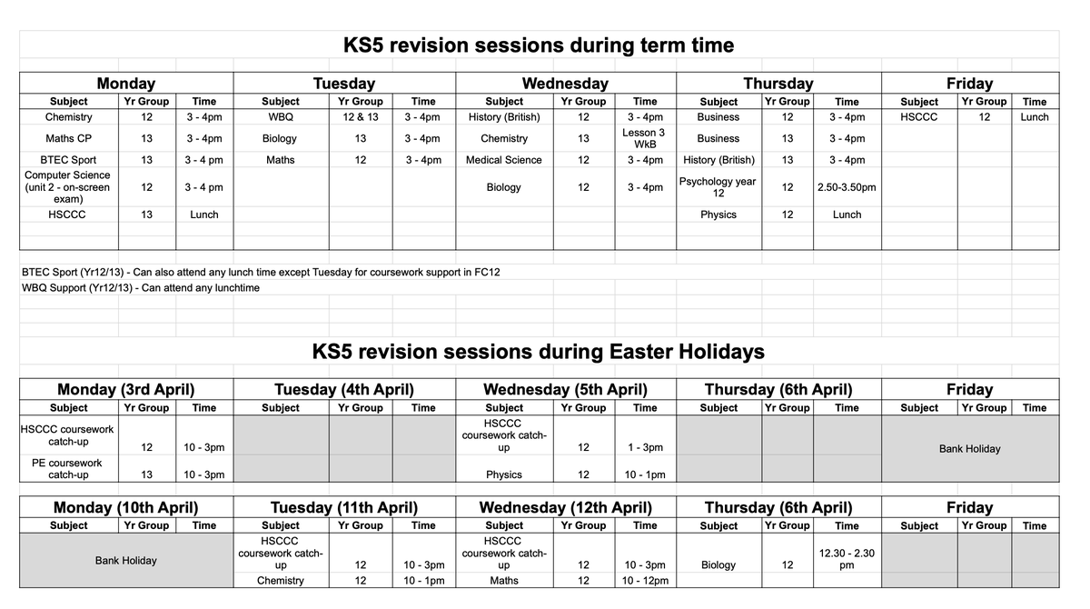 KS5 Revision Timetable
Below are the KS5 revision and support sessions taking place during term time and the Easter break.
It would be really beneficial for Year 12/13 learners to attend as many sessions as possible in the lead up to the examinations. #Revision <a href="/CCYD_school/">CCYD</a>