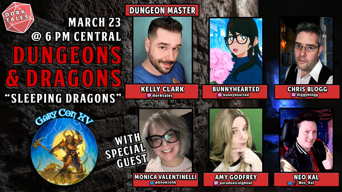 dork_tales's tweet photo. It's time for @GaryCon! Join us today at 6 PM Central / 4 PM Pacific on https://t.co/RsmSx4TAtk as we run a ridiculous romp through a dragon's lair!

Featuring such amazing folks as @BunnyHeartedVT @Neo_Kal and special guest @booksofm!
#dnd #garycon #dnd5e #actualplay https://t.co/66PDeOhLxP