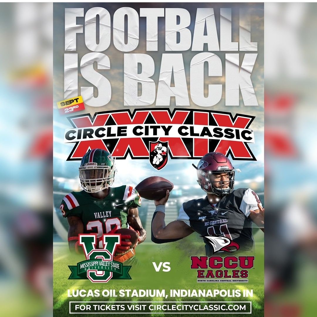 39th Anniversary Circle City Classic
* Lucas Oil Stadium, Indianapolis 
* September 23rd at 3pm
Mississippi Valley State University 
vs
North Carolina Central University 
📷 IBC