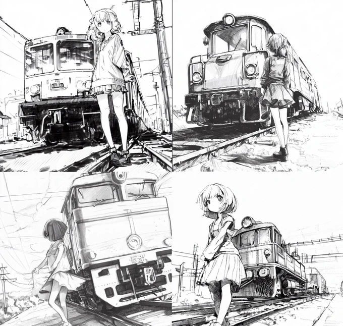 animeからgirlを攻めると、なんかこう、電車オタク(主語デカ)が好きそうな構図を描いてくるんですけど。これ「全身描いて」って指定してないんですよ。この趣向だと常に全身が描かれてると紐付けられているのか・・・ 