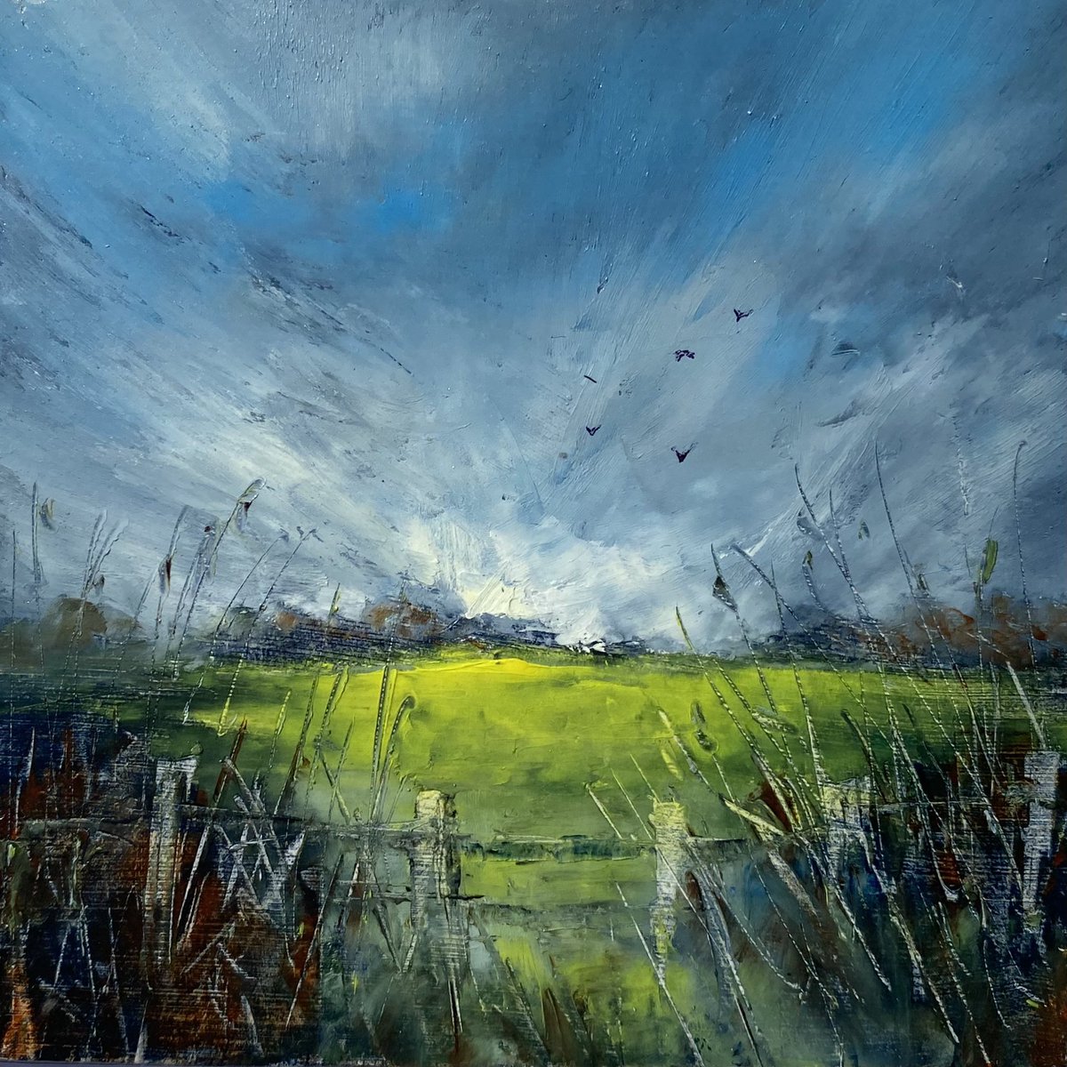CathrynJeff's tweet photo. Had an enjoyable blustery 5 mile walk this morning before all the rain! The skies and fields were just like this recent oil painting, full of energy and atmosphere. On display this weekend at Brill pop-up exhibition @art_onthehill 

#oxfordshireartweeks #brill #artonthehill https://t.co/e5WGTks7GN