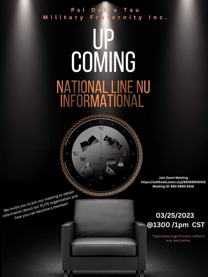 leoswan80's tweet photo. Topic: Psi Delta Tau Military Fraternity
National line NU informational 

Join Zoom Meeting
https://t.co/Ytpc9gGADv

Meeting ID: 890 6960 6416

Date: 25 March 2023
Time: 1:00 PM Central Standard Time

NO COMMINTMENT TO JOIN. ALL QUESTIONS ABOUT A MILITARY WILL BE ANSWERED. https://t.co/hXLqAMdQF4