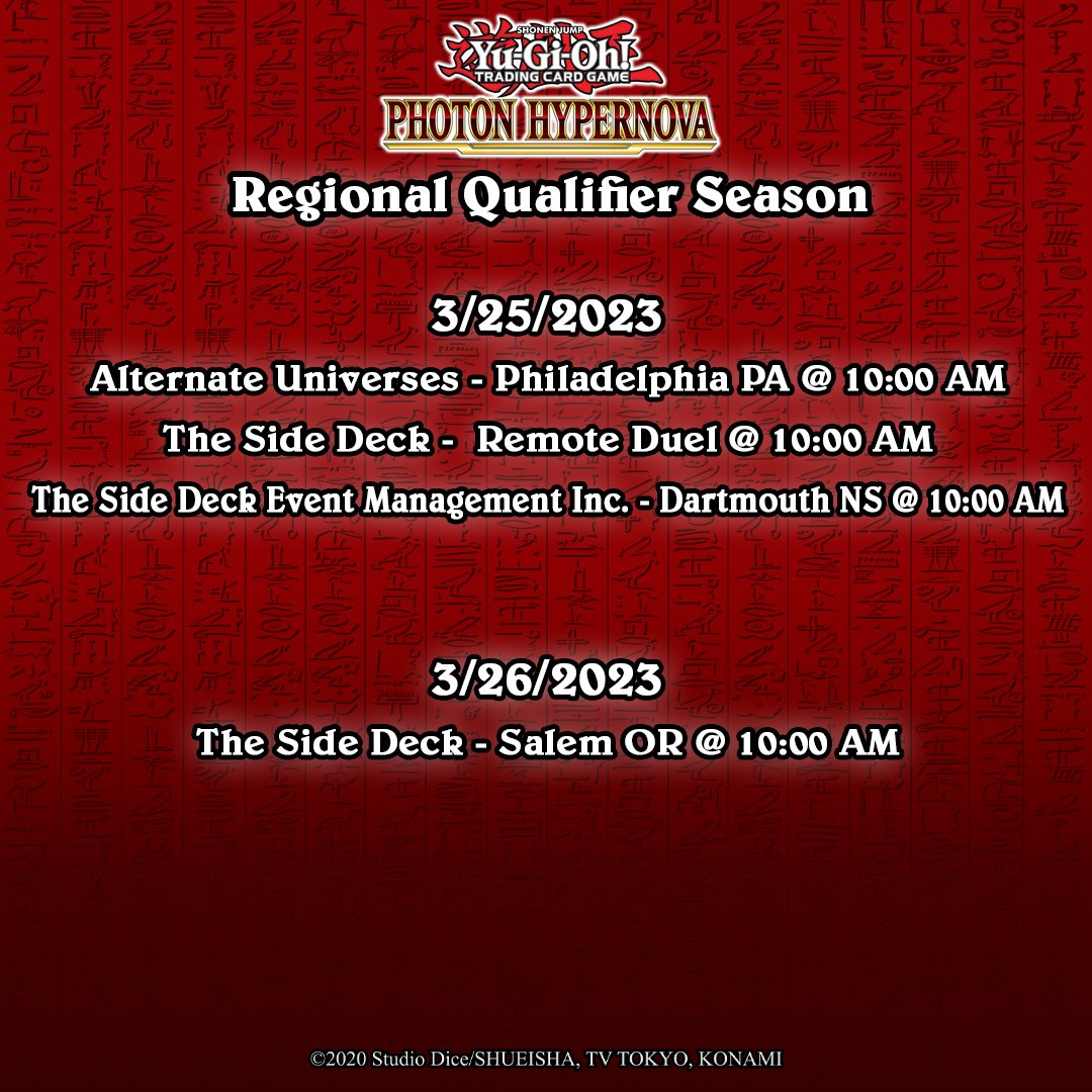 YuGiOh_TCG's tweet photo. WCQ Regional Qualifiers for Photon Hypernova are happening this weekend!
Join a competitive tournament where Duelists compete for exclusive prizes and earn invites to the World Championship Qualifier of their region!
➡️ https://t.co/cqdsYIajuI
#YuGiOhTCG #PhotonHypernova https://t.co/txwHFxqDBt