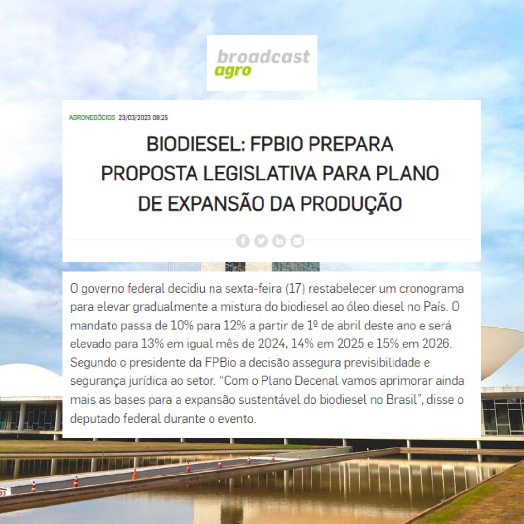 FPBio - Frente Parlamentar Mista do Biodiesel (@fpbiodiesel) on Twitter photo O plano decenal para o biodiesel, projeto de lei a ser apresentado pelo presidente da #FPBio, deputado <a href="/Alceu_Moreira/">Alceu Moreira</a>, ganha destaque na mídia.
Ele anunciou esta iniciativa em sua posse na Presidência da frente, neste 22/3.
Leia mais no Broadcast: is.gd/plano_decenal_… O plano decenal para o biodiesel, projeto de lei a ser apresentado pelo presidente da #FPBio, deputado <a href="/Alceu_Moreira/">Alceu Moreira</a>, ganha destaque na mídia.
Ele anunciou esta iniciativa em sua posse na Presidência da frente, neste 22/3.
Leia mais no Broadcast: is.gd/plano_decenal_…