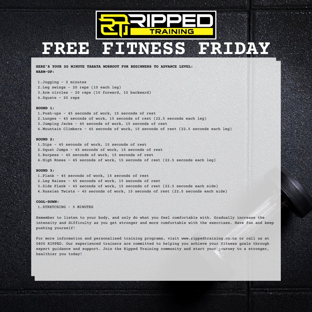 Team_Ripped's tweet photo. Get ready to push your limits with our 20-minute Tabata workout for all levels! 

Join us at Ripped Training and take your fitness to the next level! 💥 And don't forget to like and share with your friends! 

#RippedTraining #TabataWorkout #Calisthenics #HIIT #FitnessGoals 💪 https://t.co/vcMDo932Ro
