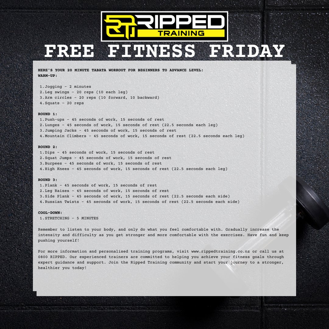 Get ready to push your limits with our 20-minute Tabata workout for all levels! 

Join us at Ripped Training and take your fitness to the next level! 💥 And don't forget to like and share with your friends! 

#RippedTraining #TabataWorkout #Calisthenics #HIIT #FitnessGoals 💪