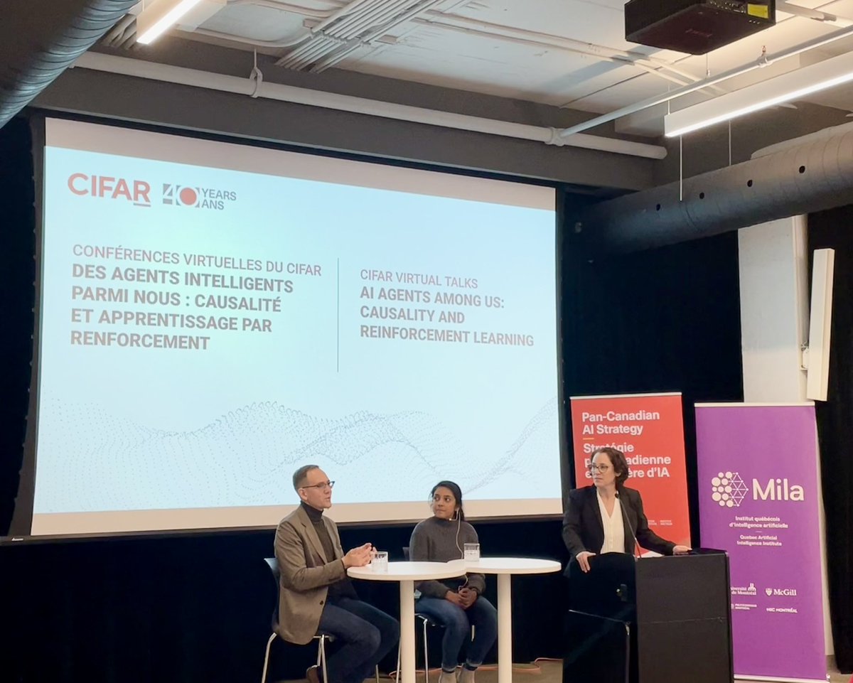 CIFAR_News's tweet photo. .@dhanya_sridhar & @marcgbellemare imagine a future with AI systems that turn data into decisions, with agents that donโt just make static predictions, but react to changes in the world. Still, questions of openness & oversight abound. #CIFARVirtualTalks. https://t.co/wMq0pEqIOn