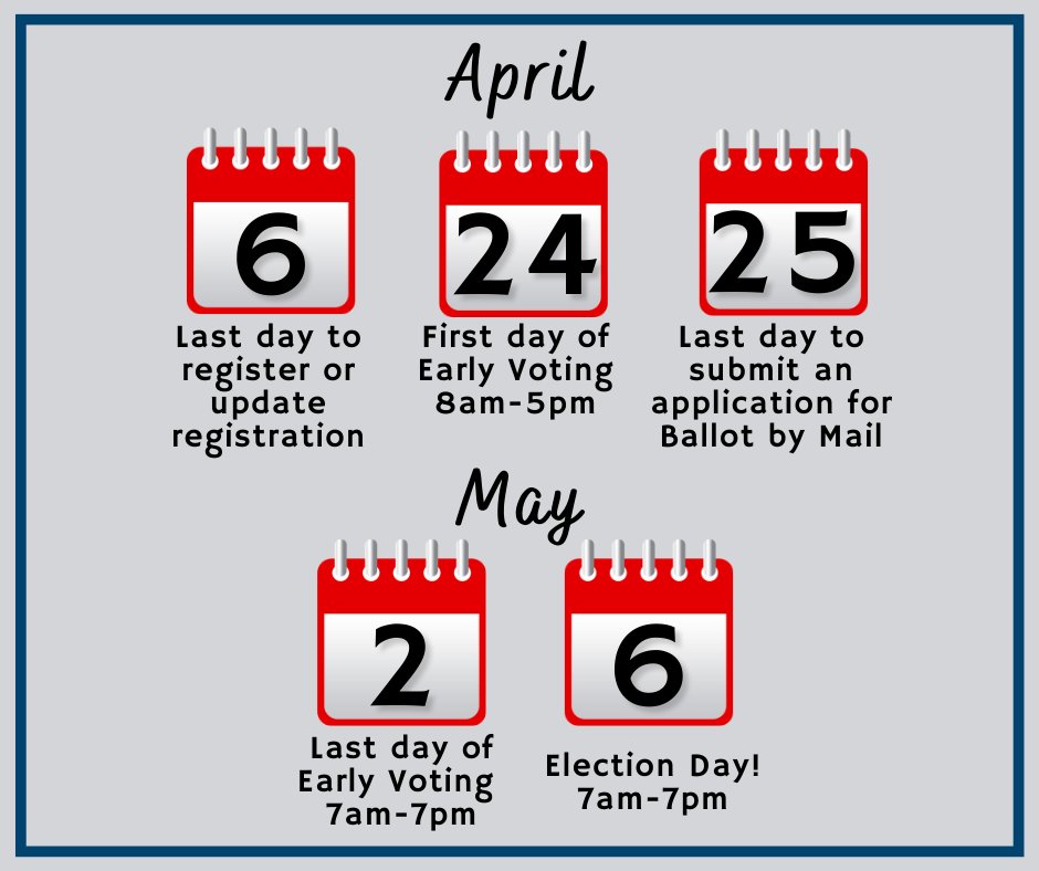 RockwallCntyTX's tweet photo. The next election takes place on May 6! Take note of these important dates so you can be #voteready !

Go to https://t.co/B0BGn0fuNc to check your registration status, update your registration, print a registration and/or ballot by mail application, and view a sample ballot. https://t.co/O0eBmhYikx