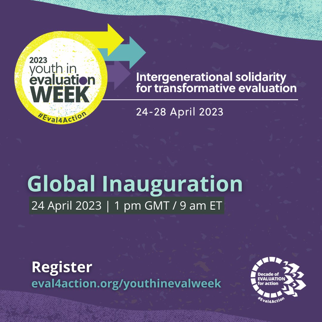 unfpa_eval's tweet photo. Youth in Evaluation week begins 24 April

Join the global inauguration that brings together the eval community, youth &amp; all stakeholders to step up actions to enhance youth engagement in eval

Register: https://t.co/5xTlmOenHV

Stay tuned for the speaker line up!
#Eval4Action https://t.co/AOPNjmNGj5