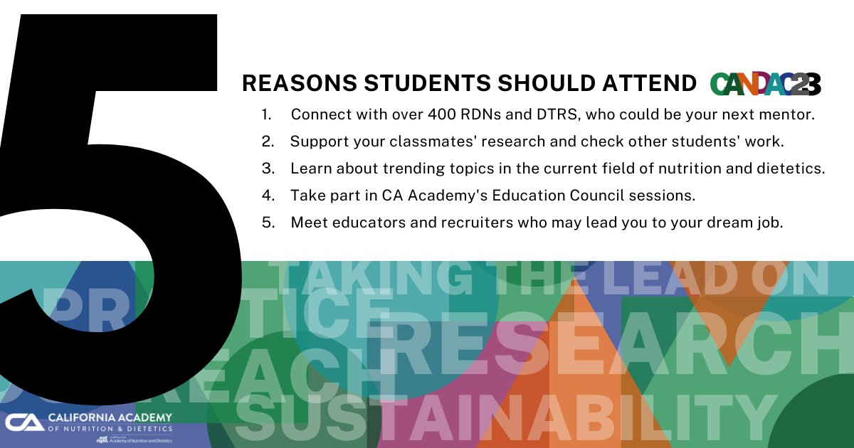 RDNutritionCA's tweet photo. #CANDAC23 is a great place for students on a career path to becoming a #RDN or #DTR. These five reasons are more than enough to be a part of something big. Registration Link: https://t.co/S2ESGcYk8D

#EatrightPro #dietetics #academyofnutrition  #nutrition #dietitian https://t.co/jZL3ns4T3B