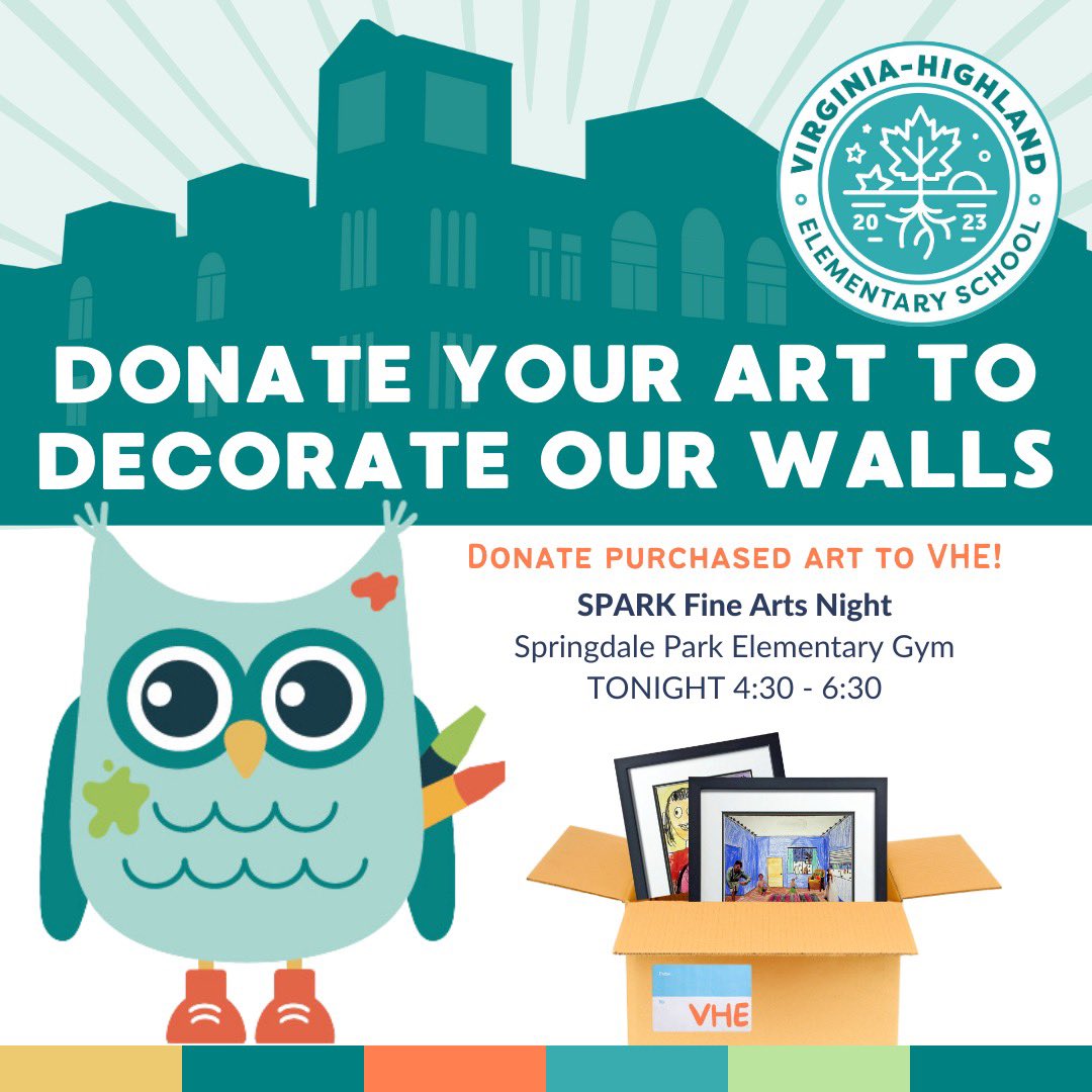 SPARK families….consider donating your kiddo’s art to the walls of VHE. Look for our table tonight in the gym where you can drop it off. We’ll install the art this summer before the kids arrive on August 1st! 

@SparkArtAPS <a href="/TerryHarness/">Principal Harness</a> <a href="/msbringslid/">Denise Bringslid</a> <a href="/APS_SPARK/">Springdale Park</a>