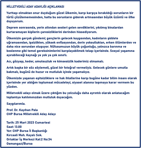 KAYIHANPALA's tweet photo. Milletvekili adayı olmak üzere çıktığım yolculuğu paylaşacağım toplantıya katılımınızdan mutluluk duyacağım.

Prof. Dr. Kayıhan Pala 
CHP Bursa Milletvekili Aday Adayı

Tarih: 25 Mart 2023 Cumartesi
Saat: 13.00
Yer: CHP Bursa İl Başkanlığı https://t.co/I2aOF7Y4qw