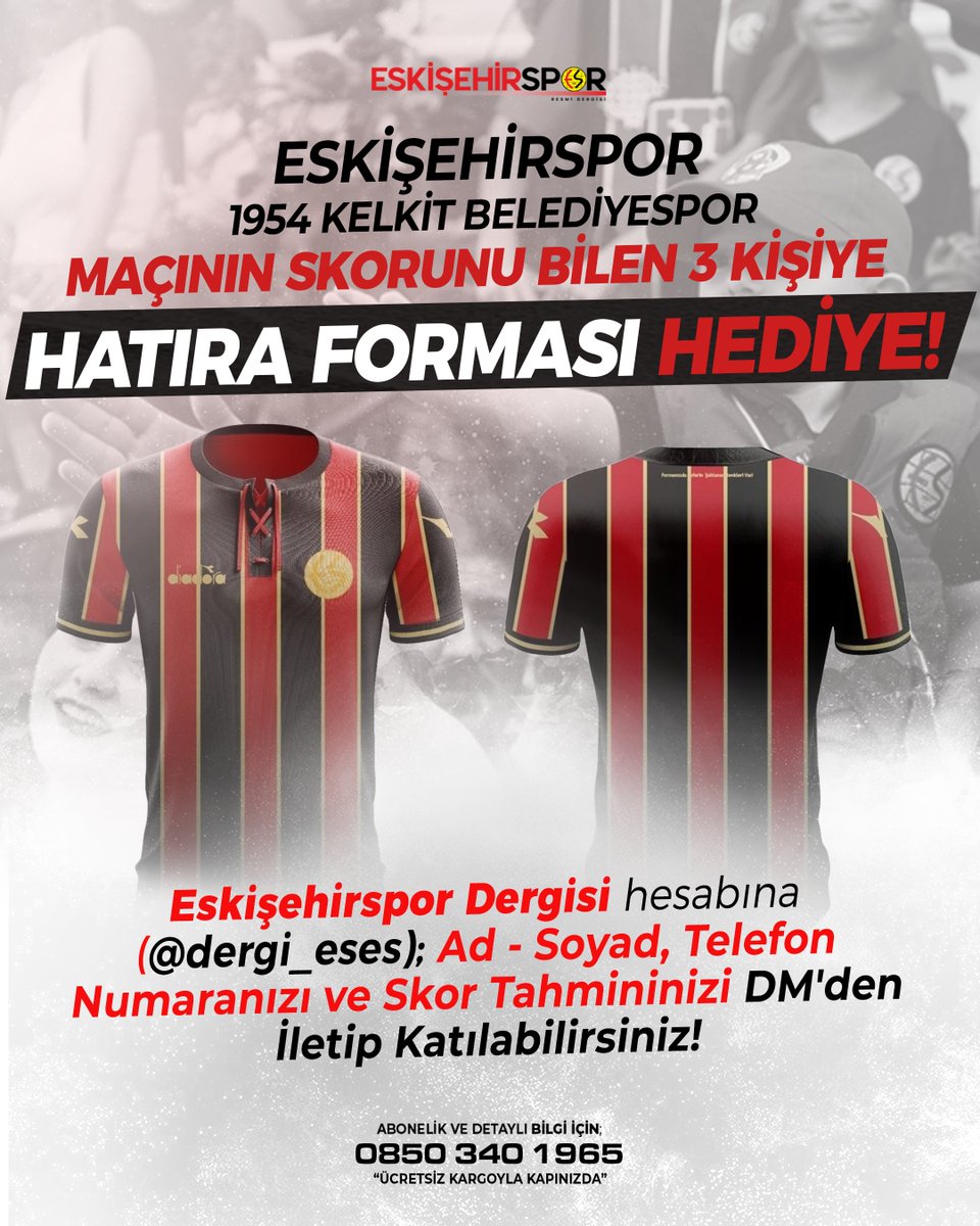 1954 Kelkit Belediyespor Maçının Skorunu Bilen 3 Kişiye Hatıra Forması Hediye!

Tahmininizi "Ad - Soyad ve Telefon Numarasını" yazarak Eskişehirspor Dergisi (<a href="/dergi_eses/">eskisehirspordergisi</a>) hesabına DM'den iletiniz!