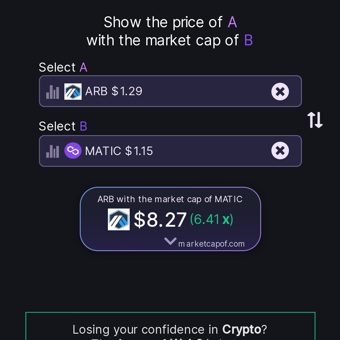 $ARB with the market cap of $MATIC would put 1 $ARB to $8,22 
        
That's an increase of 6,47x (547%) 📈
            
#arb #matic 
#Arbitrum #Polygon